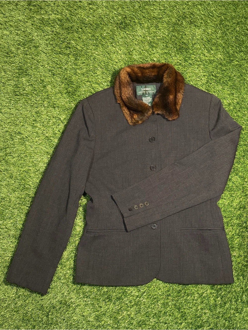 Lauren Ralph Lauren Women's Gray Wool Blend Jacket with Faux Fur Collar